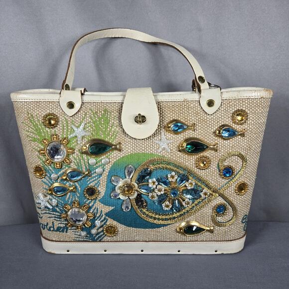 1966 Enid Collins Texas Sea Garden Jeweled Bag Vintage Tote Purse Fish Coastal - Picture 1 of 14